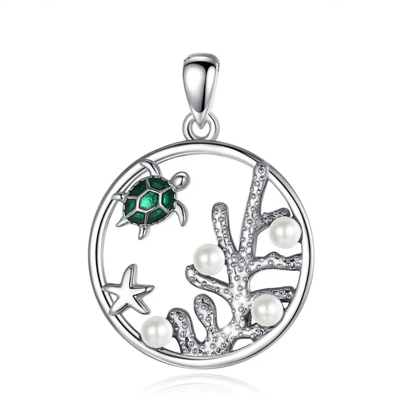 Sterling Silver Sea Turtle Pendant Necklace with Green Enamel Craft Pearls