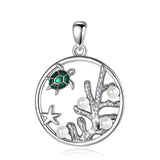 Sterling Silver Sea Turtle Pendant Necklace with Green Enamel Craft Pearls
