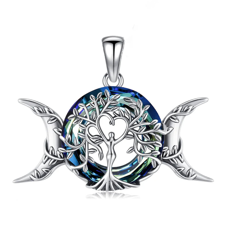 925 Silver Tree of Life Necklace Triple Moon Goddess Crystal Pendant Gift
