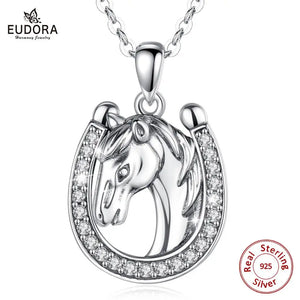 925 Silver Unicorn & Horseshoe Pendant Vintage Horse Necklace CZ Jewelry