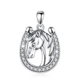 925 Silver Unicorn & Horseshoe Pendant Vintage Horse Necklace CZ Jewelry