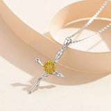 925 Silver Yellow Daisy Sunflower Cross Pendant Necklace Romantic Gift D566