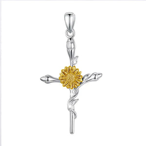 925 Silver Yellow Daisy Sunflower Cross Pendant Necklace Romantic Gift D566