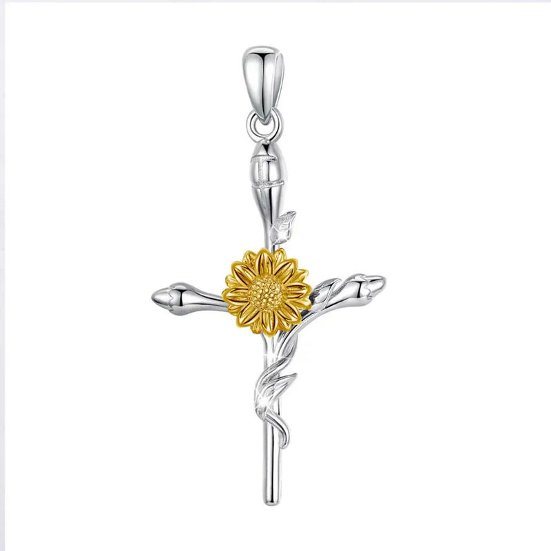 925 Silver Yellow Daisy Sunflower Cross Pendant Necklace Romantic Gift D566