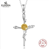 925 Silver Yellow Daisy Sunflower Cross Pendant Necklace Romantic Gift D566