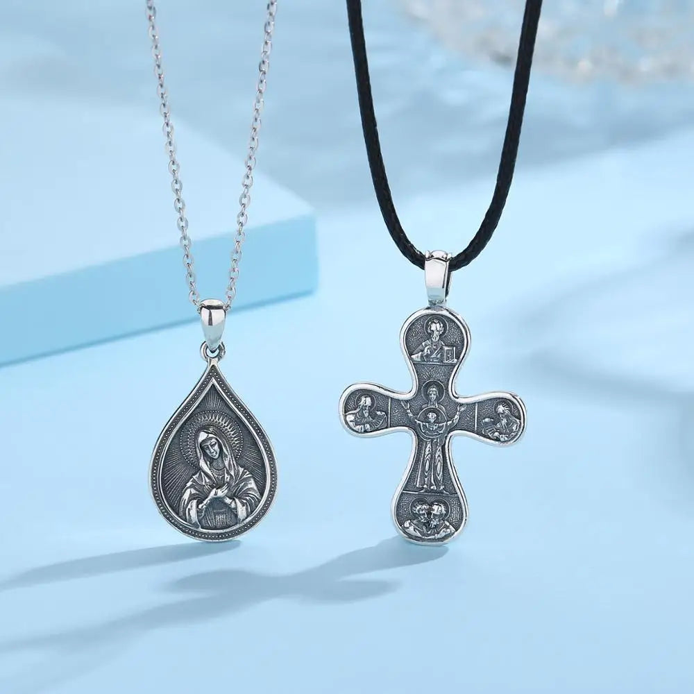 925 Silver Cross Necklace Orthodox Christianity Pendant