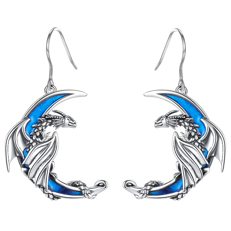 925 Sterling Silver Dragon Moon Earring for Women Gothic Animal Charm Jewelry