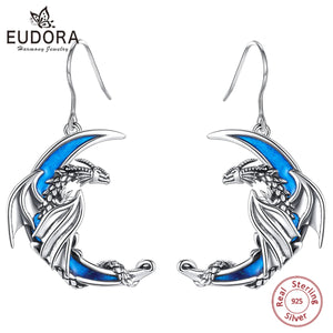925 Sterling Silver Dragon Moon Earring for Women Gothic Animal Charm Jewelry