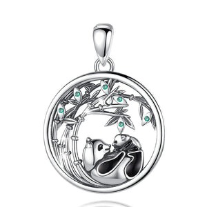 Eudora 925 Silver Panda Mother & Cub Pendant Necklace Bamboo Chain Jewelry