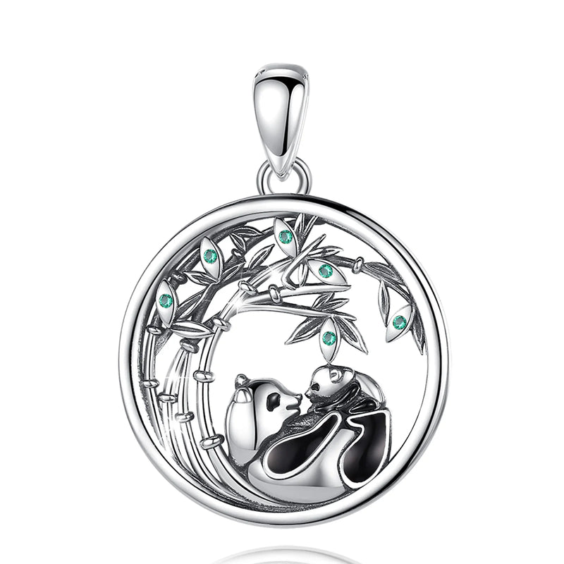 Eudora 925 Silver Panda Mother & Cub Pendant Necklace Bamboo Chain Jewelry