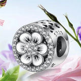 925 Sterling Silver CZ Peach Blossom Flower Bead Bracelet Charm DIY Jewelry