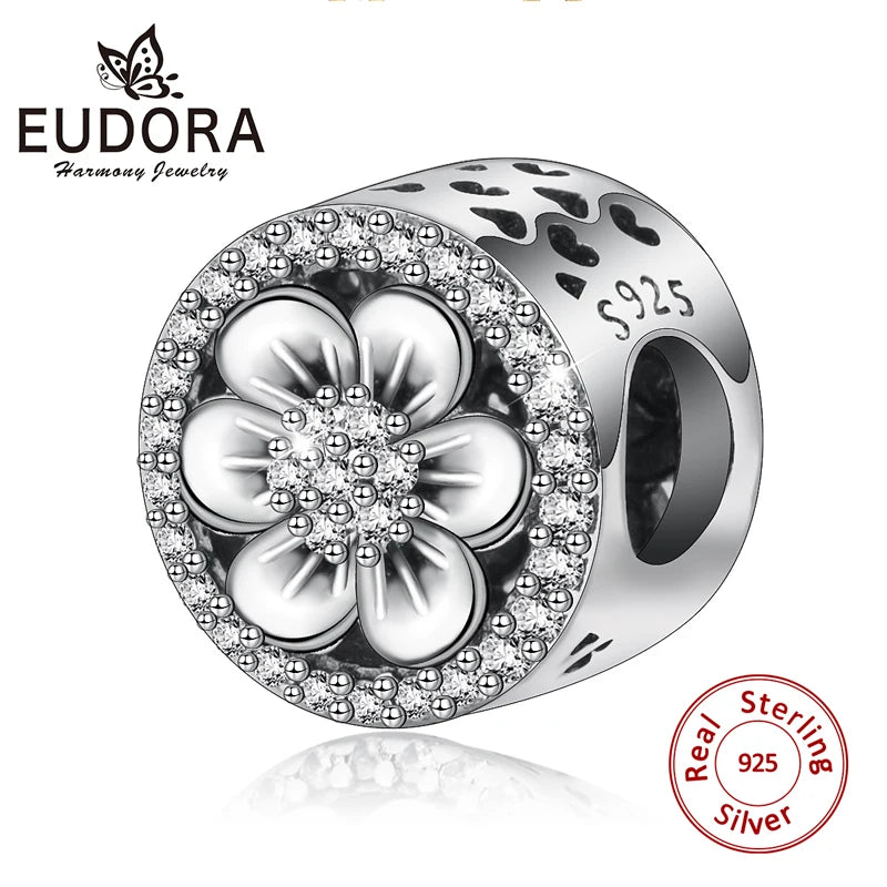 925 Sterling Silver CZ Peach Blossom Flower Bead Bracelet Charm DIY Jewelry