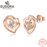 Eudora Double Heart 925 Silver Stud Earrings Zircon Jewelry