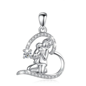 925 Silver Angel Girl Hug Dog Pendant Heart Crystal CZ Necklace