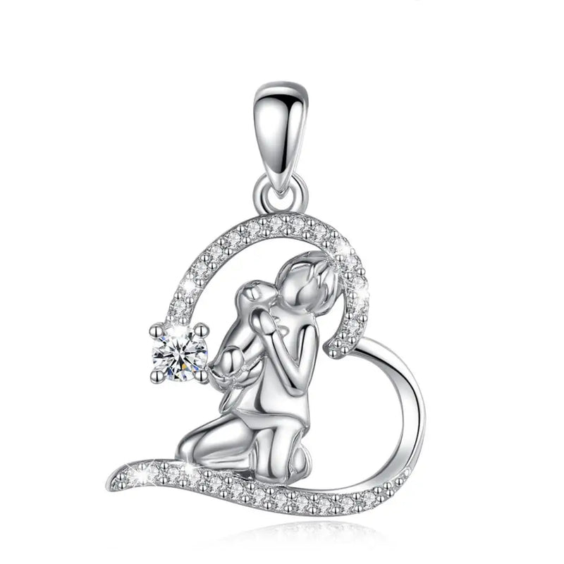 925 Silver Angel Girl Hug Dog Pendant Heart Crystal CZ Necklace