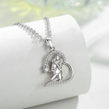 925 Silver Angel Girl Hug Dog Pendant Heart Crystal CZ Necklace
