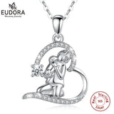 925 Silver Angel Girl Hug Dog Pendant Heart Crystal CZ Necklace