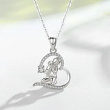 925 Silver Angel Girl Hug Dog Pendant Heart Crystal CZ Necklace