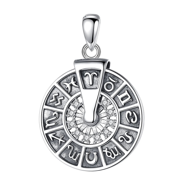 925 Silver Zodiac Wheel Necklace Spinner Pendant Men Women Jewelry