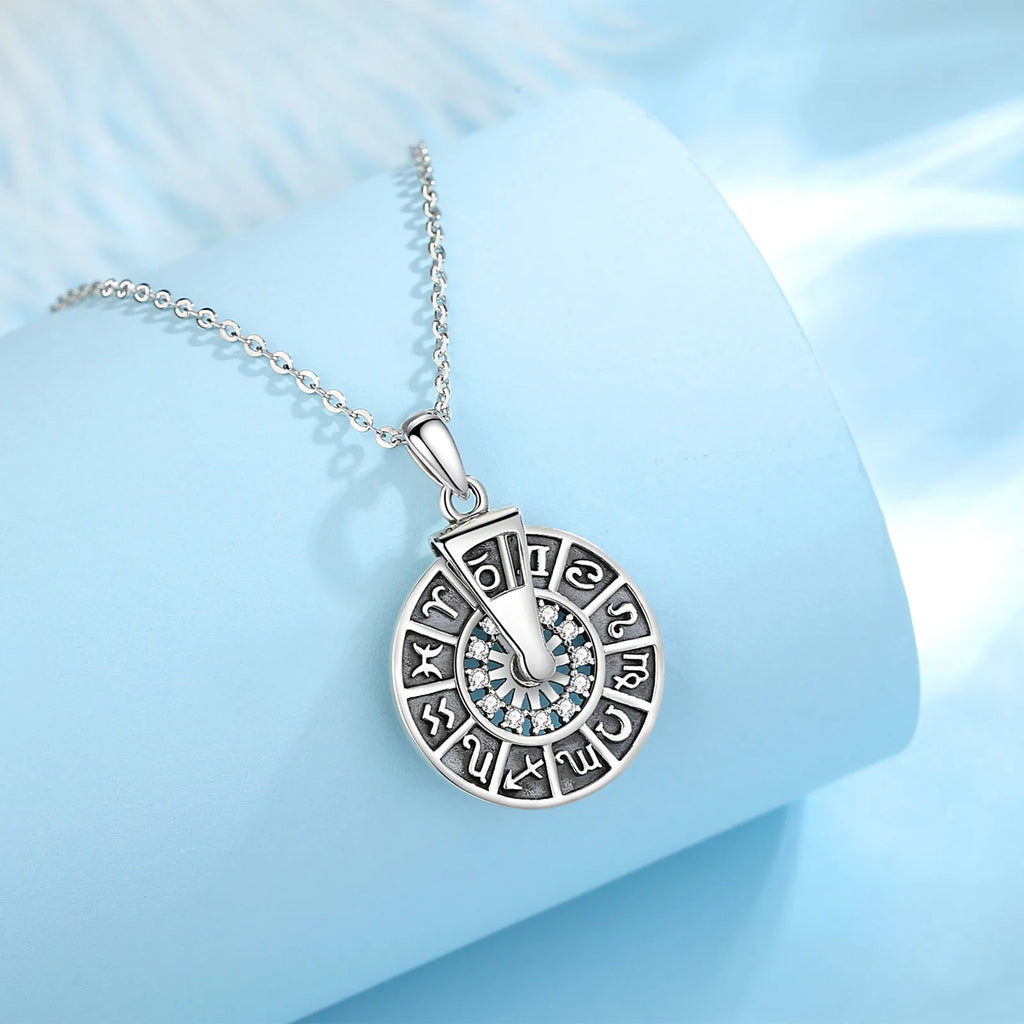 925 Silver Zodiac Wheel Necklace Spinner Pendant Men Women Jewelry