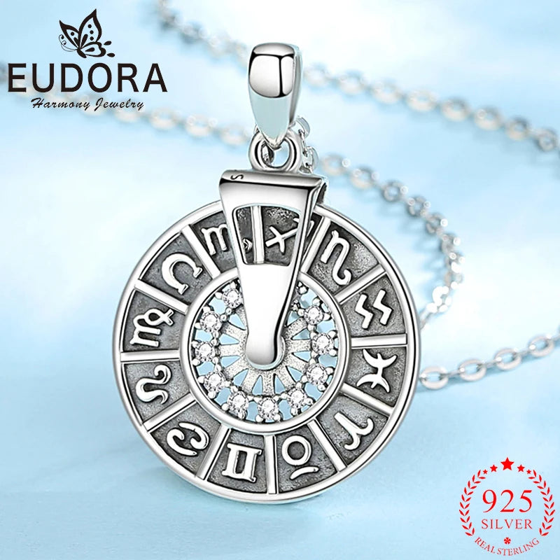 925 Silver Zodiac Wheel Necklace Spinner Pendant Men Women Jewelry