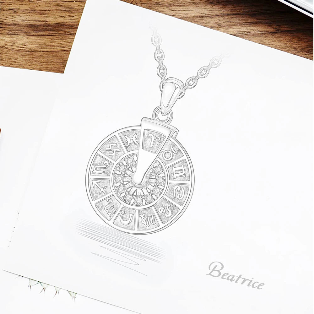 925 Silver Zodiac Wheel Necklace Spinner Pendant Men Women Jewelry