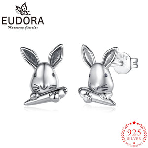 Eudora 925 Silver Rabbit Earrings Carrot Hypoallergenic Gift