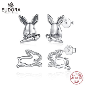 925 Silver Rabbit Stud Earrings CZ Bunny Fine Jewelry Gift