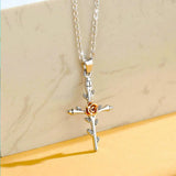 925 Silver Rose Gold Rose Flower Cross Pendant Necklace Women