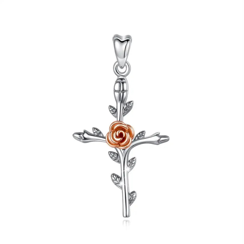 925 Silver Rose Gold Rose Flower Cross Pendant Necklace Women