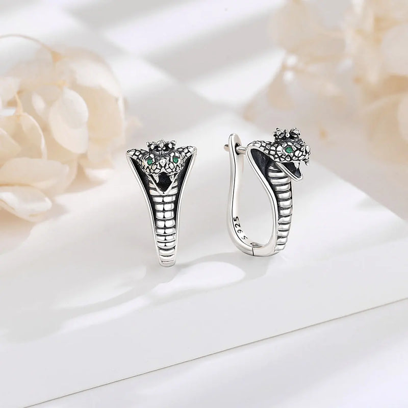 925 Sterling Silver Snake Circle Earrings Small Hoop Retro Textures Fine Jewelry