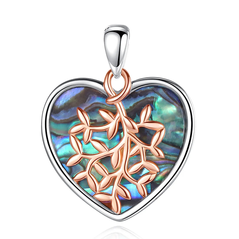 925 Silver Tree of Life Necklace Heart Abalone Shell Pendant