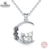 Sterling Silver Two Cat Three Rose Pendant Necklace Animal Jewelry