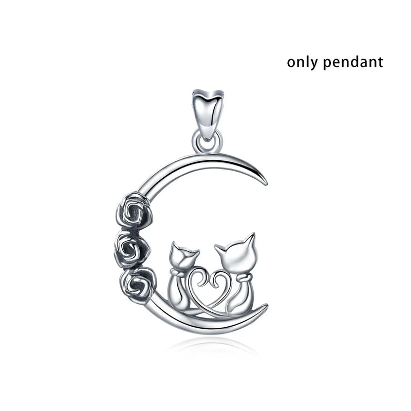 Sterling Silver Two Cat Three Rose Pendant Necklace Animal Jewelry