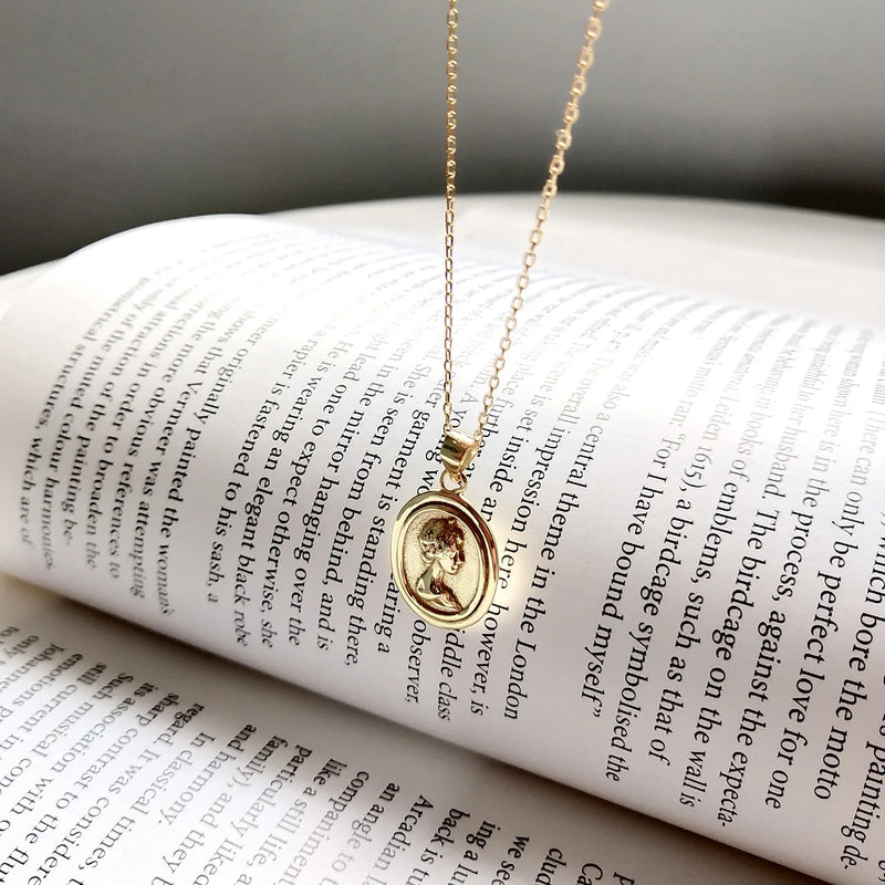 925 Solid Silver Oval Coin Necklace Embossed Portrait Pendant