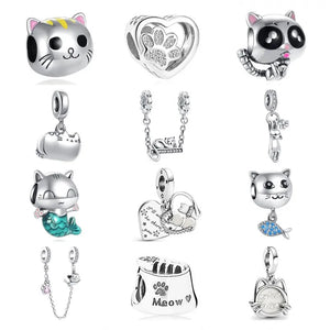 Europe Fine925 Cat Safety Chain Bead Silver Charm for Bracelet Pendant