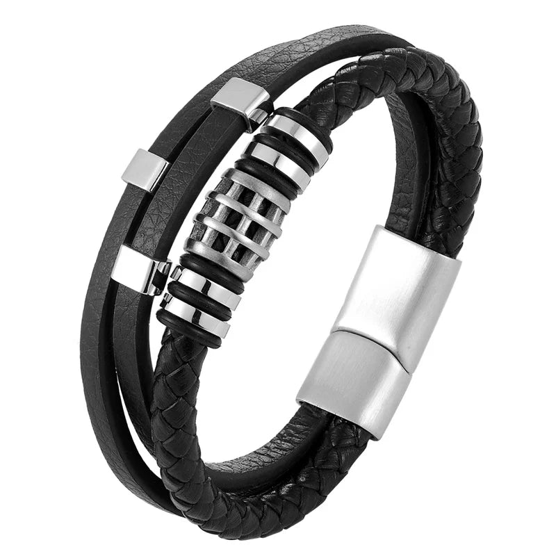Multilayer Leather Bracelet Men Women Stainless Steel Wristband