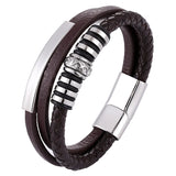 Multilayer Leather Bracelet Men Women Stainless Steel Wristband