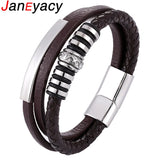 Multilayer Leather Bracelet Men Women Stainless Steel Wristband