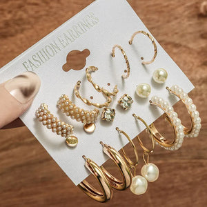 Geometric C-shaped Pearl Earrings 6-pc Set Wedding Gift