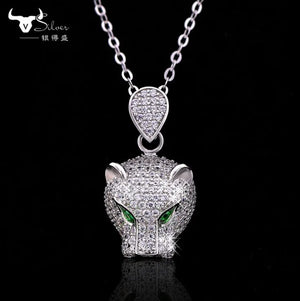 Europe Leopard Head Pendant 925 Silver Necklace with Austrian Crystals