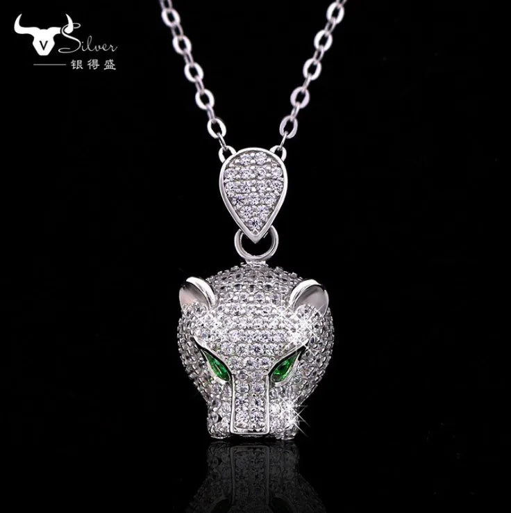 Europe Leopard Head Pendant 925 Silver Necklace with Austrian Crystals