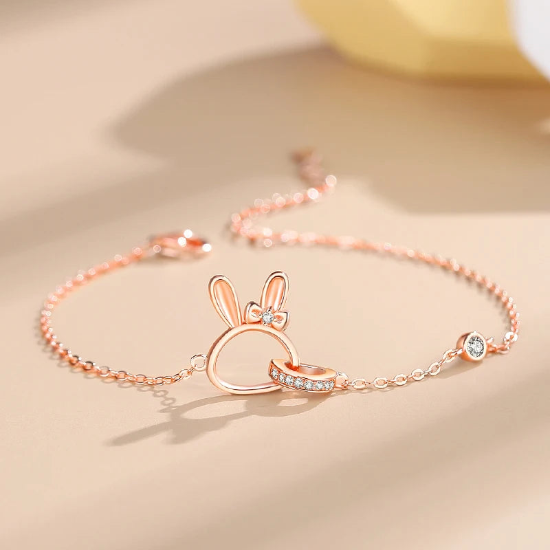 925 Silver Bracelet CZ Double Ring Rabbit Women Birthday Party Gift