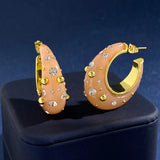 Pink Moon Boat Crystal C Shape Stud Earrings