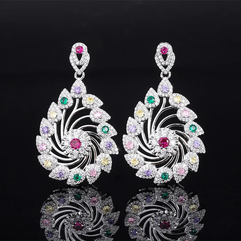 Colorful Crystal Windmill Flower Hoop Earrings - Women's Jewelry
