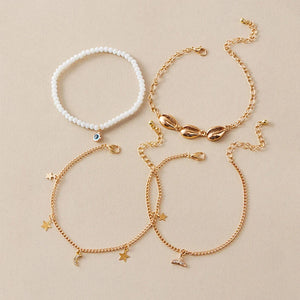 Beach Rhinestone Shell Anklet Rice Beads Fishtail Eyes Moon Pendant
