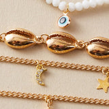 Beach Rhinestone Shell Anklet Rice Beads Fishtail Eyes Moon Pendant
