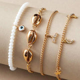 Beach Rhinestone Shell Anklet Rice Beads Fishtail Eyes Moon Pendant