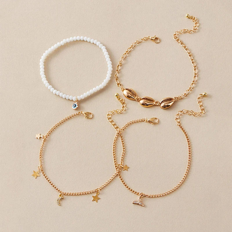 Beach Rhinestone Shell Anklet Rice Beads Fishtail Eyes Moon Pendant