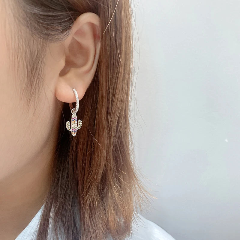 Colored Diamond Cactus Earrings Colorful Zirconia 925 Sterling Silver